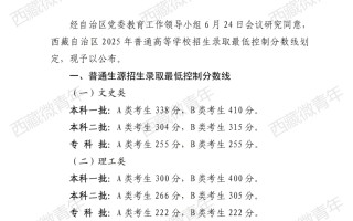西藏2025年高考理工类本科一批录取分数线（A类考生300分、B类考生400分）