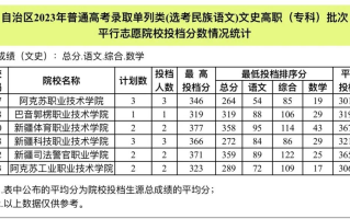 新疆自治区2023年普通高考录取单列类（选考民族语文）文史高职（专科）批次平行志愿院校投档分数情况统计